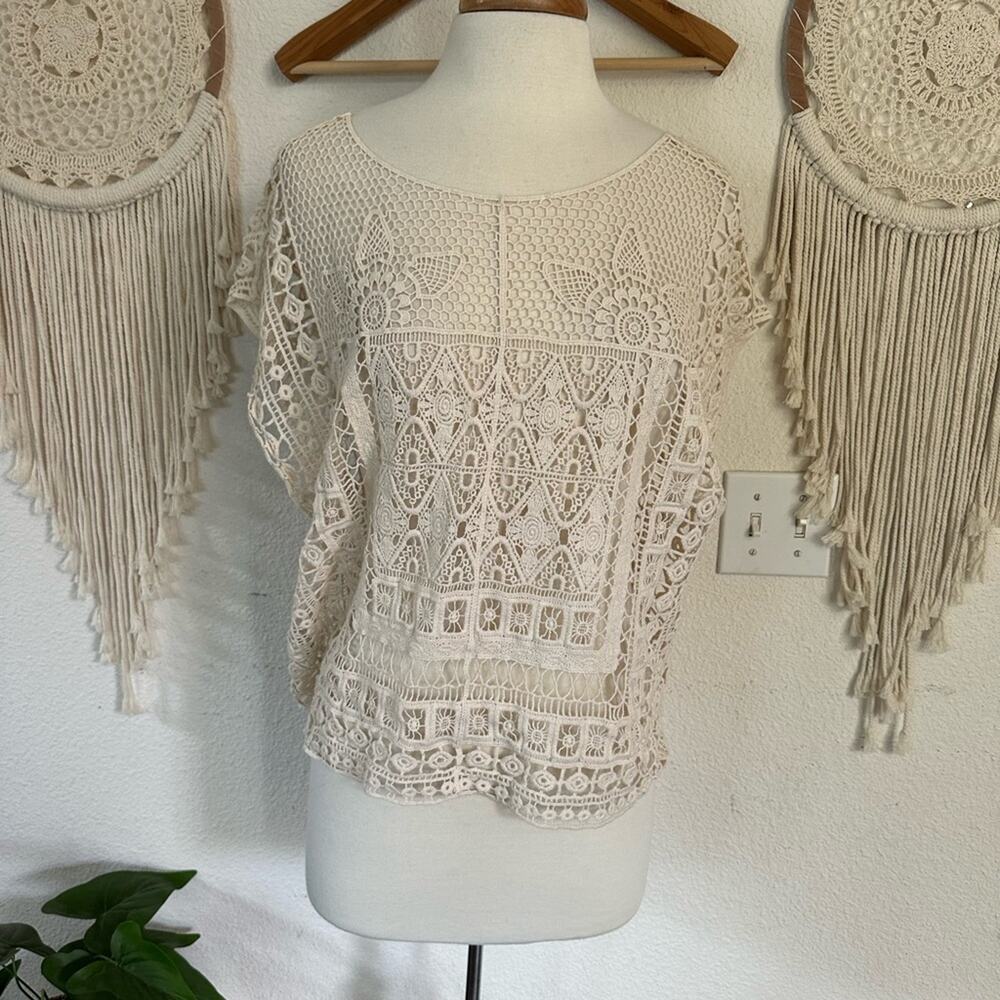 Cream crochet boxy fit boho open knit top large